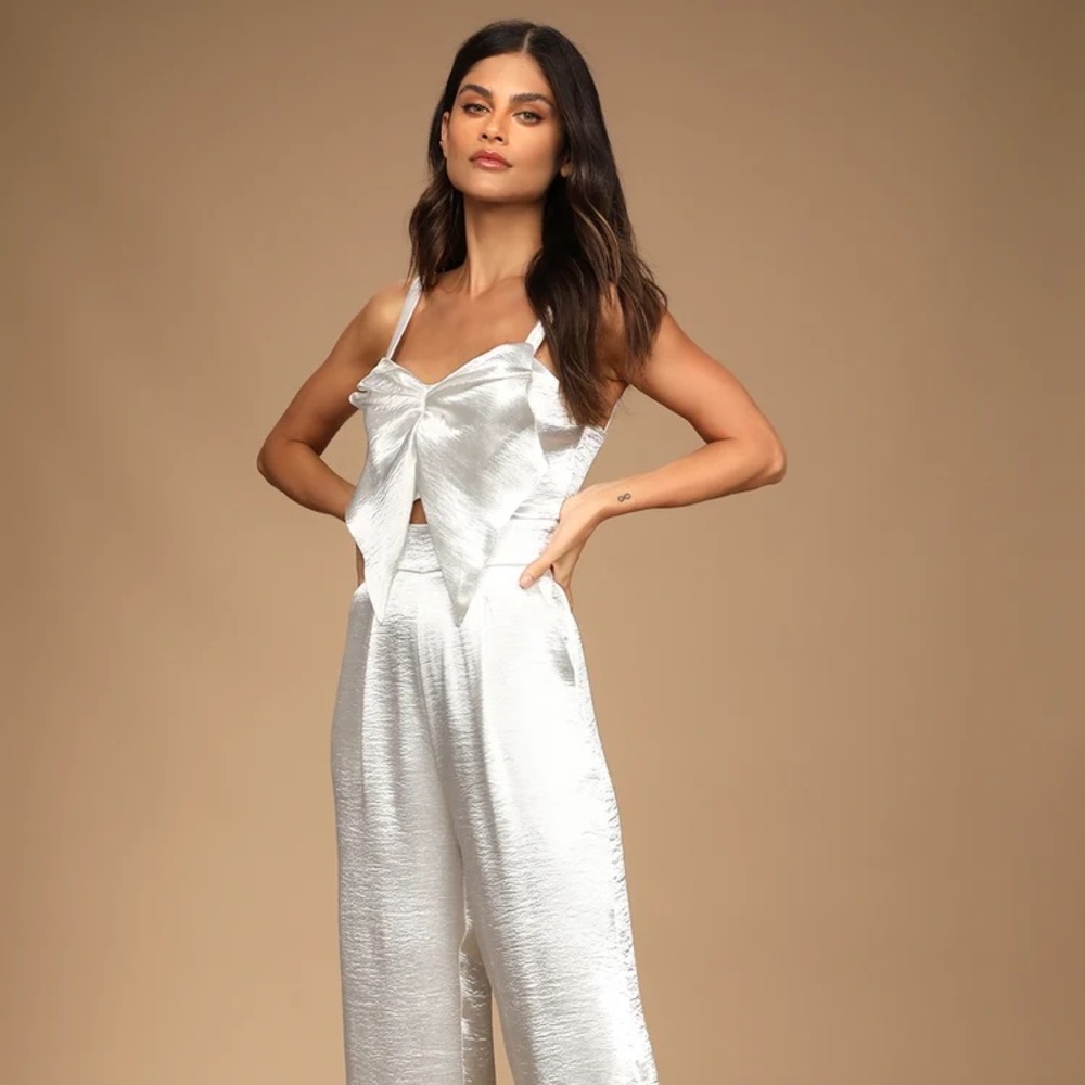 Lulus Date to Remember Ivory Satin Cutout Wide-Leg Jumpsuit Perfect for Brides!